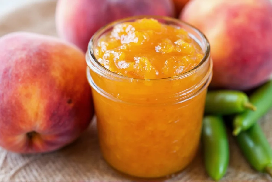 Close-up of homemade peach pepper jam in mason jar with fresh peaches and jalapeno peppers beside it