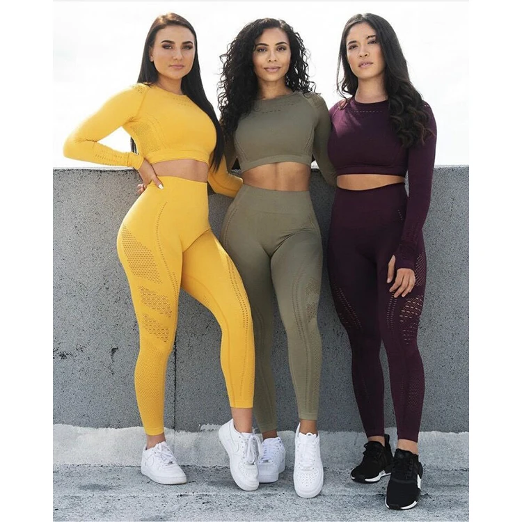 

2021 OEM Custom Workout 2 Piece Gym Yoga Set Long Sleeve Crop Top Seamless High Waisted Leggings Fitness Activewear Sets, Blue yellow or custom