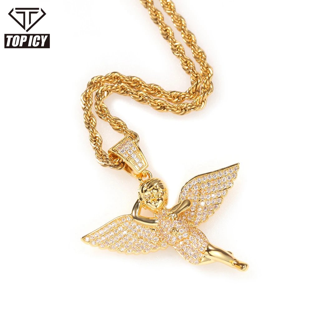 

AAA CZ stone full micro paved bling bling iced out drip angel 14k gold thick plating hip hop street fashion jewelry gift, Gold, silver