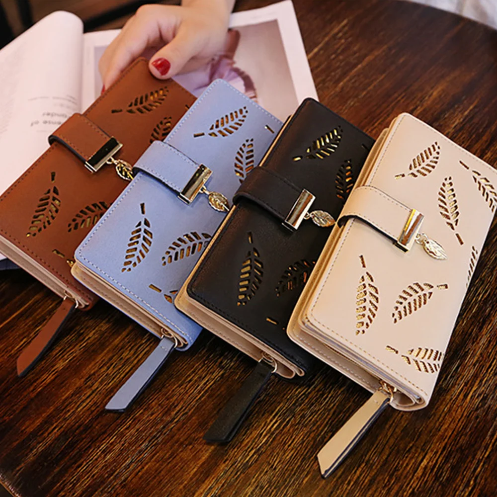 

Women HASP Long Zipper Buckle Hollow Leaf Wallet Ladies PU Leather Clutch Card Holder Girl