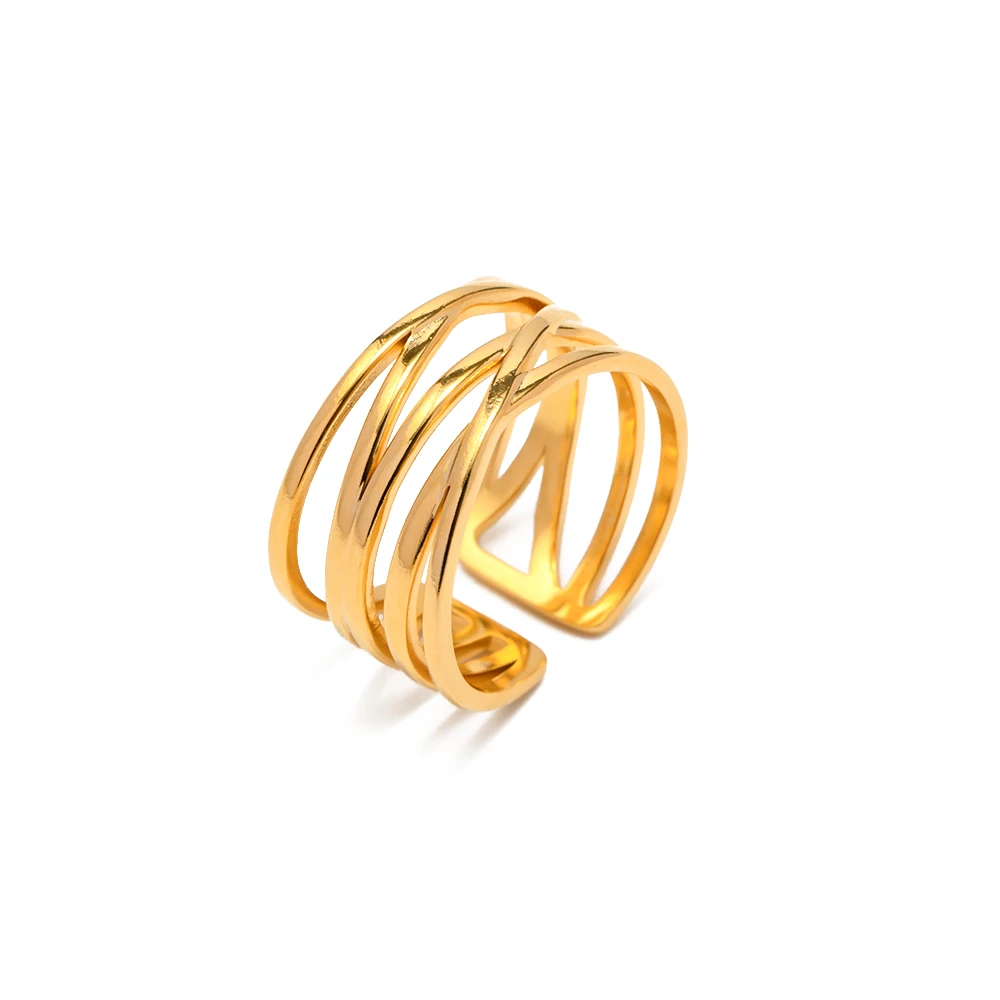 

c Charm 18K Gold Plated Mulit Layer Line Wide Hollow Opening Rings