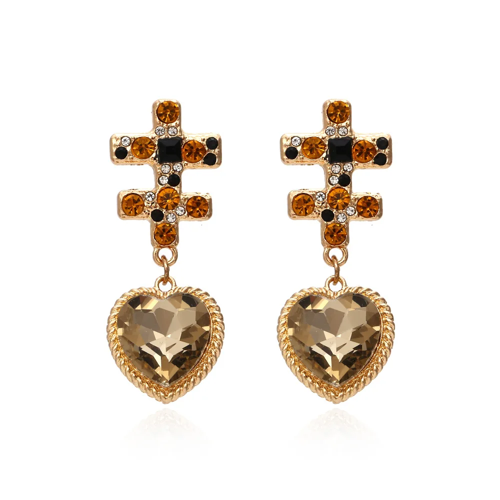 

JUHU New fashion creative heart-shaped glass crystal earrings retro all-match diamond earrings alloy jewelry for women gift, Colorful