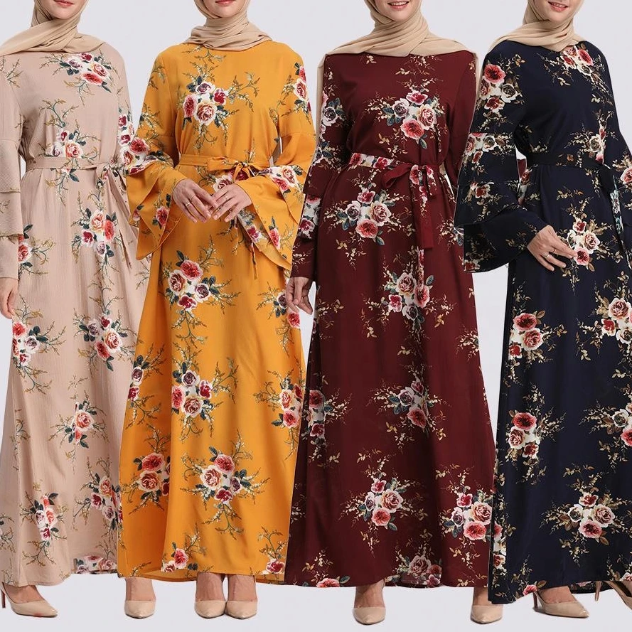 

A09100955 2021 Women Islamic Abaya Turkey Long Casual Muslim Dress Floral Printing Maxi Dress Prayer Dress Muslim Women