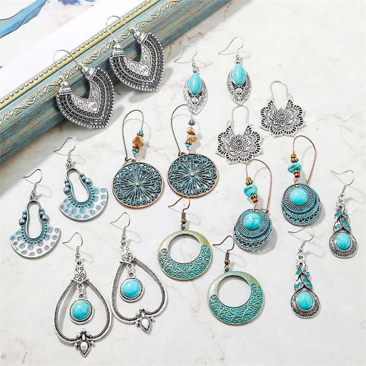 

New Fashion Vintage Bohemian Coeruleolactite Stone Jewelry Earring Rhodium Plated Inlaid Turquoise Pendant