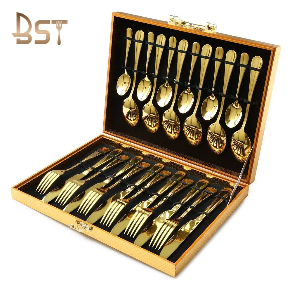 

Hot selling stainless steel 24pcs cutlery set dinnerware set with gift box promotion flatware set, Silver,gold