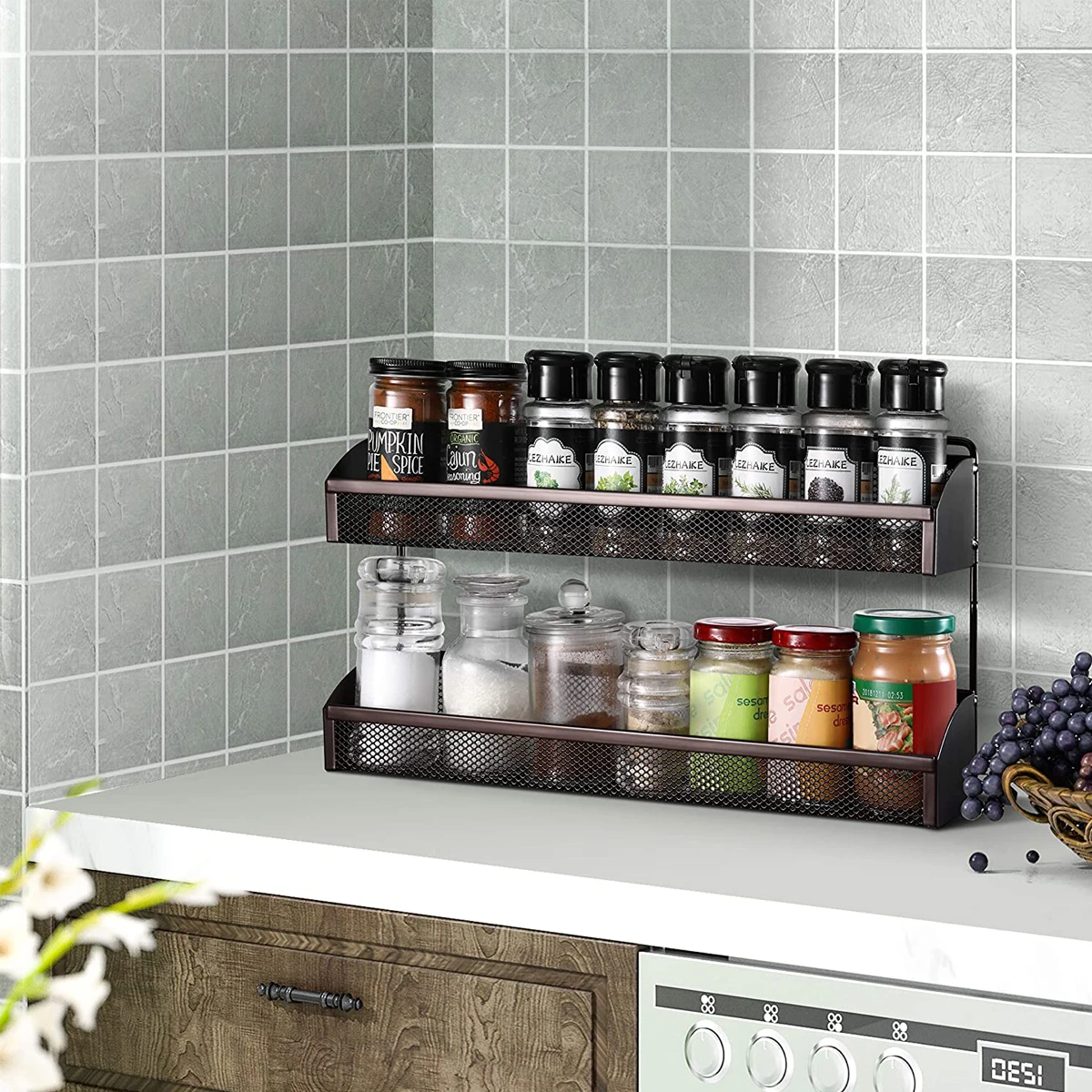 

ORR141 2 Pack- Simple Trending 2 Tier Spice Rack Organizer, Wall Mounted Spice Shelf Storage Holder, Bronze