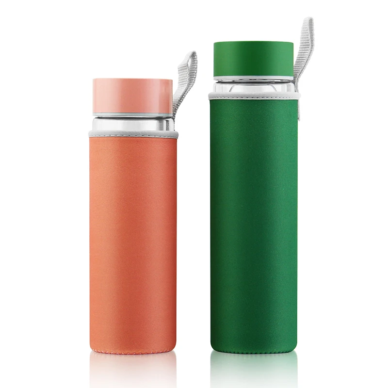 

wholesale high quality bamboo lid glass tea water bottle Double wall Leakproof tea water bottle, Pink,blue,green,yellow,etc