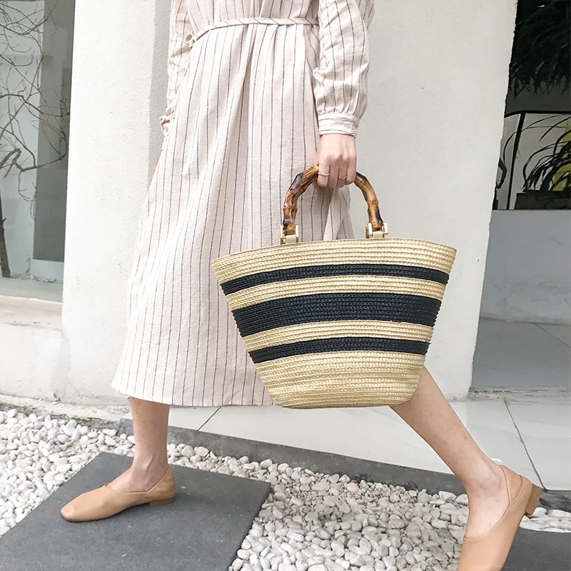 

fashion bamboo handle women handbags casual striped bucket bag large capacity rattan straw bags wicker summer beach travel purse, As the pics