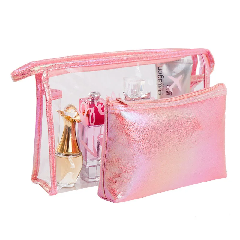 

2Pcs/Set Waterproof Pvc Mother Make Up Storage Bag Custom Logo Glitter Travel Wash Pouch Lady Small Purse Women Cosmetic Bag, Sky blue, pink, white