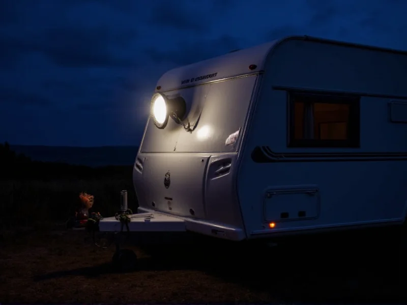BDO Large Wagon Lamp mounted on caravan at night