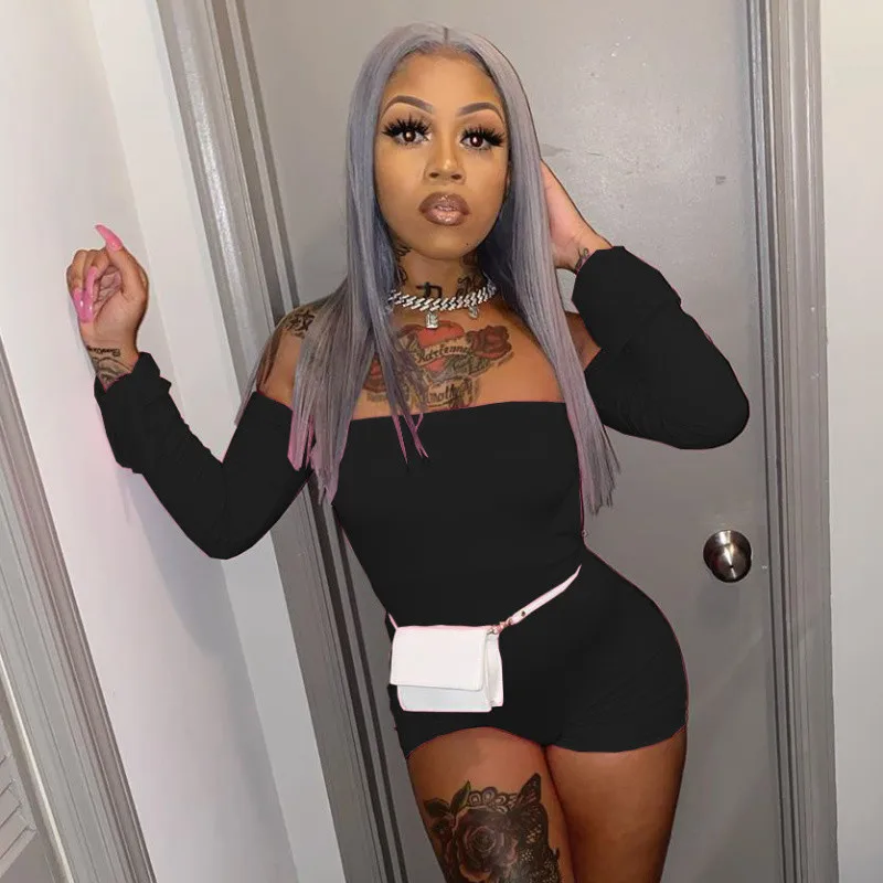 

Summer Spring Backless Long Sleeve Women Off Shoulder Short Romper Sexy Club Outfit Plain Rompers