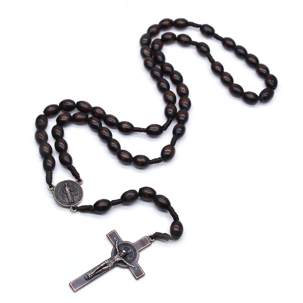 

Catholicism Jewelry Olive Wood Bead Jesus Cross Prayer Necklace Vintage Wooden Rosary Catholic