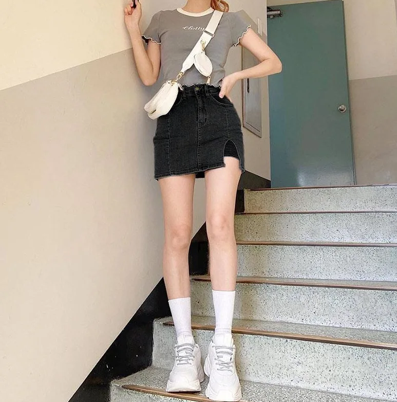 

Ecowalson 2021 New Arrival Summer Style Female Fashion Sexy Solid Split High Waists Night Club Sexy Denim Wide Leg Skirts