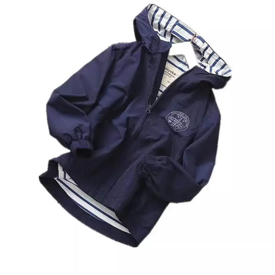 
Custom Size Kids Boys Navy Windproof Striped Spring Coat Zipper Outdoor Light Jackets 