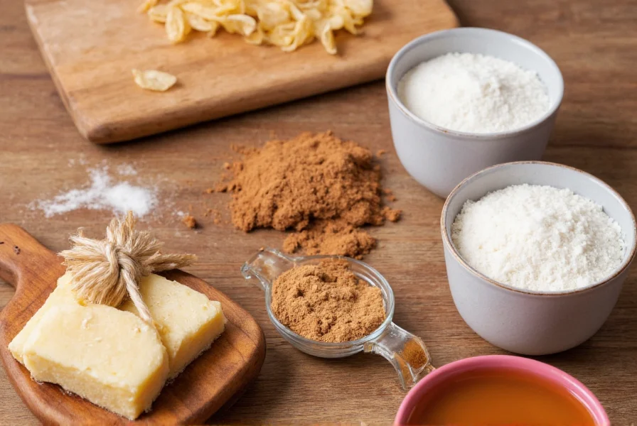 Close-up of easy cinnamon bread recipe ingredients arranged neatly on wooden table