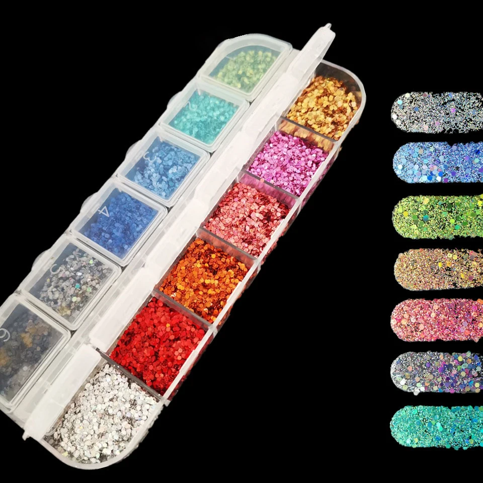 

Paso Sico Wholesale 12 colors Nail Art Set Colorful Mermaid Shimmer Nail Glitter Sequins for Nail Art Decoration