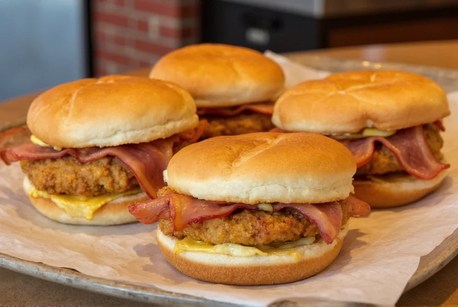 Chick-fil-A breakfast menu items including chicken breakfast sandwich with bacon on display