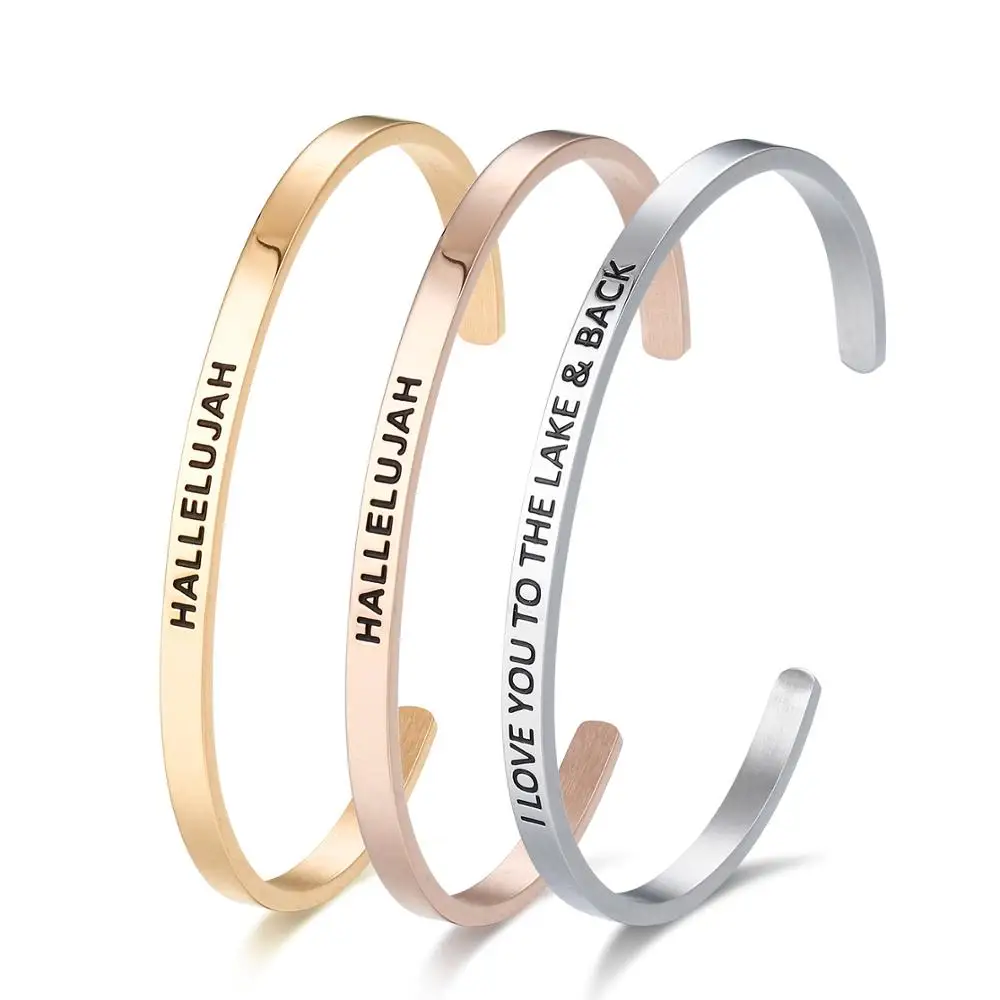 Fashion Gold Stainless Steel Custom Positive Inspirational Bracelet Cuff Engraved Bangle