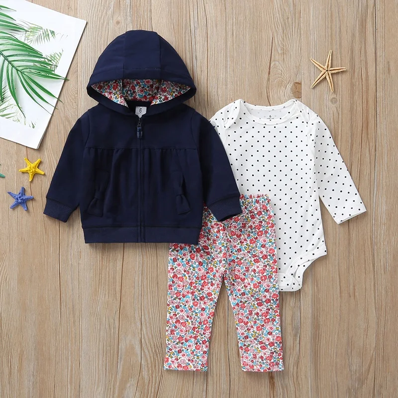 

Wholesale High Quality Casual Daily Wear Clothes Navy Blue Hooded Coat Floral Lining Autumn Baby Clothing 3 Piece Set