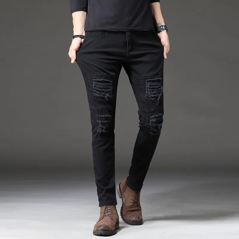 

Plain Dyed Ripped Denim Mens Jeans Slim Fit Pencil Pants Black Stretch Korea Style for Young Men Jeans Skinny