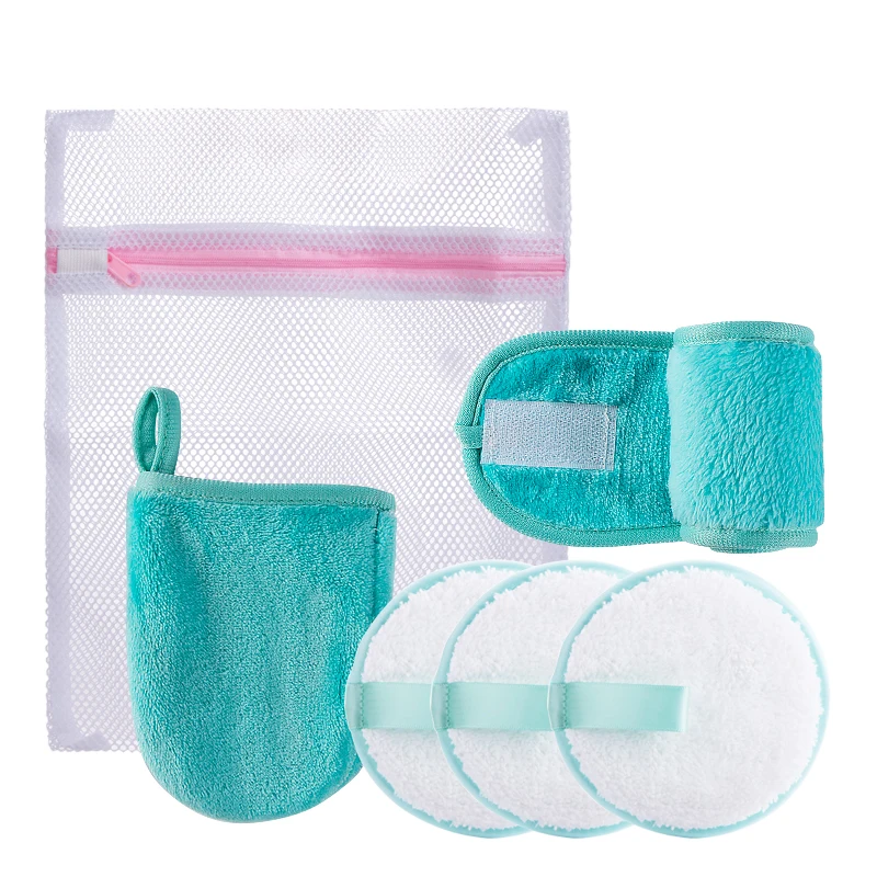 

6pcs Makeup Remover Pads Reusable Face Towel Headband Remover pads with Mesh Bag, Blue