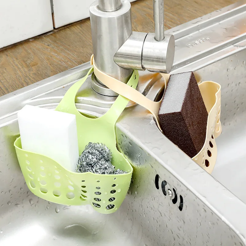 

Kitchen Sink Caddy Sponge Holder Silicone Plastic Soap Holder Hanging Ajustable Strap Faucet Caddy with Drain Holes for Drying, As color card