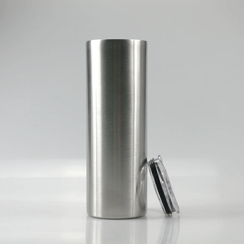 

US Warehouse In Stock 20oz Silver Double Wall Vacuum Insulated Stainless Steel Straight Skinny Tumbler With Straw and Lid