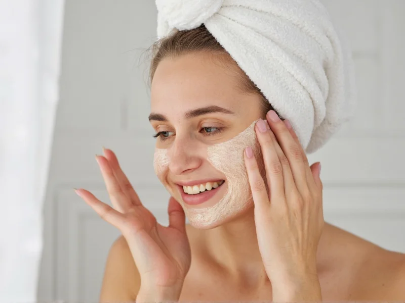 Woman applying oatmeal face scrub in bathroom