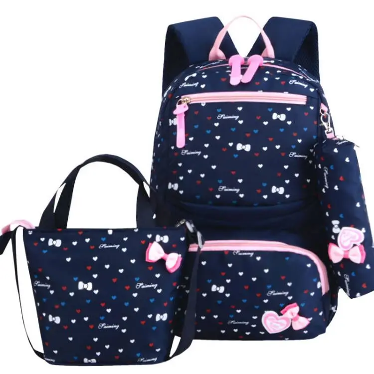 

2020 Hot sale 3 Pieces set Cute cartoon Bear Student shoulders bag back to school bags polyester kids backpack set for girls, Black,blue, dark blue, red, gray