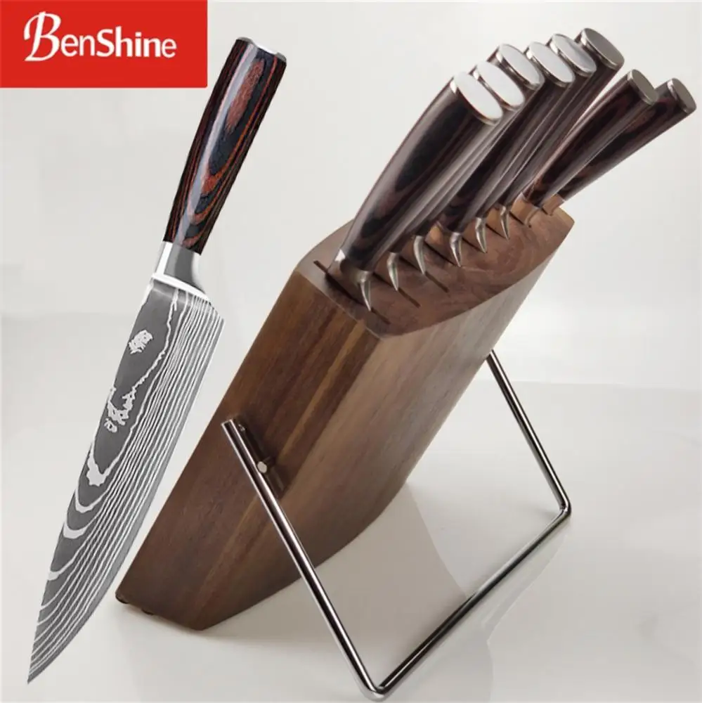 

9 Piece Damascus Pattern Stainless Steel Kitchen Knife Set With Wood Block