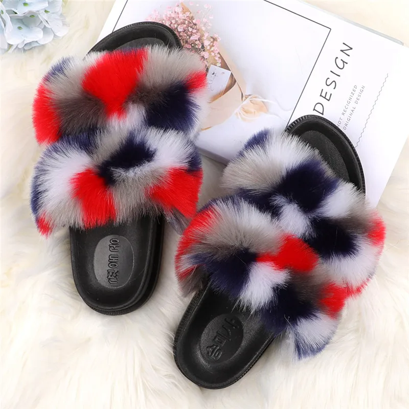 

mix color faux fur outdoor slipper for women, Show as pictures