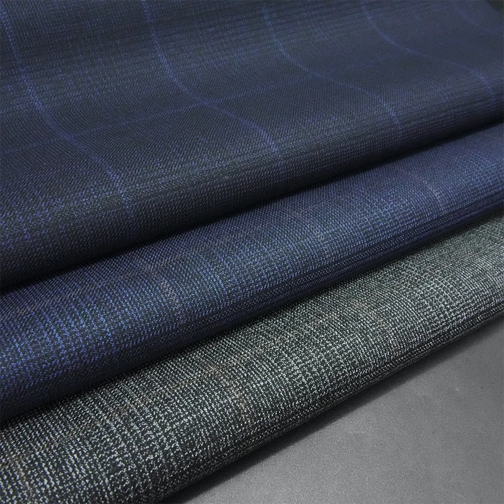 Luxury Organic Wool/Polyester Stock Blend Yarn-Dyed Pattern for Men's Worsted Merino Wool Suit Jacket Woven Fabric