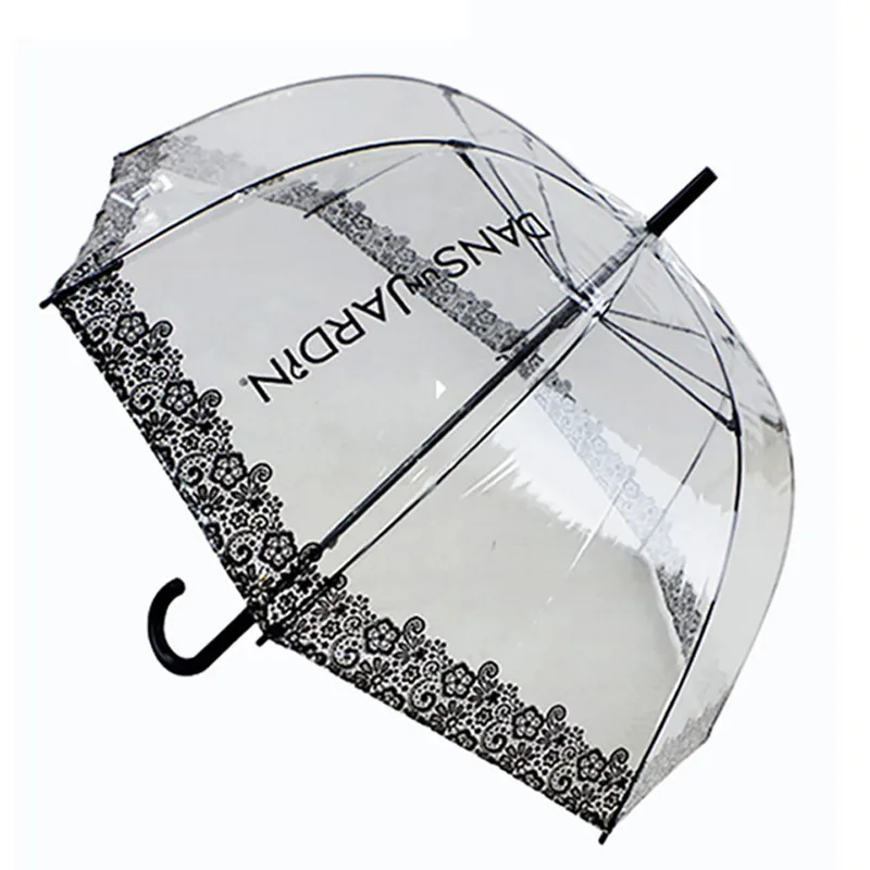 

Dome Shape Transparent PVC Umbrella with Curved Handle Lace Print