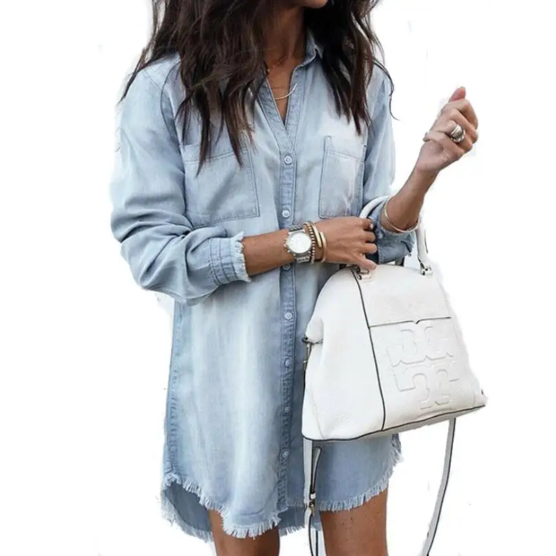 

Big Plus Size Sexy Womens Blouse Long Sleeve Denim Shirts Clothes Fashion Autumn Street Wear Female Tops and Blouses Y12074