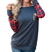 

Plaid Color Patch Round Neck Women Pocket Shirt Warmer Shirt With Sequin Pocket Long Sleeve Shirts