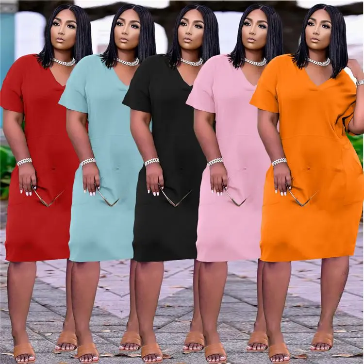 

2021 summer dress short sleeve solid color loose casual dresses plus size women clothing