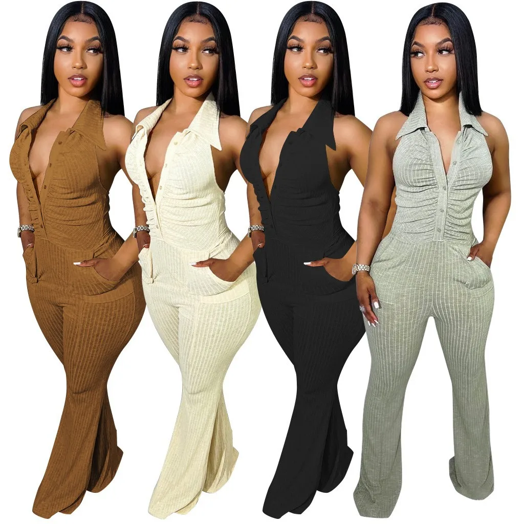 

2022 New Arrivals Spring Summer Sexy Evening Sexy Halter One 1 Piece Jumpsuit Elegant Flare Pants Rompers Bodycon Clothes, Customized jumpsuits women