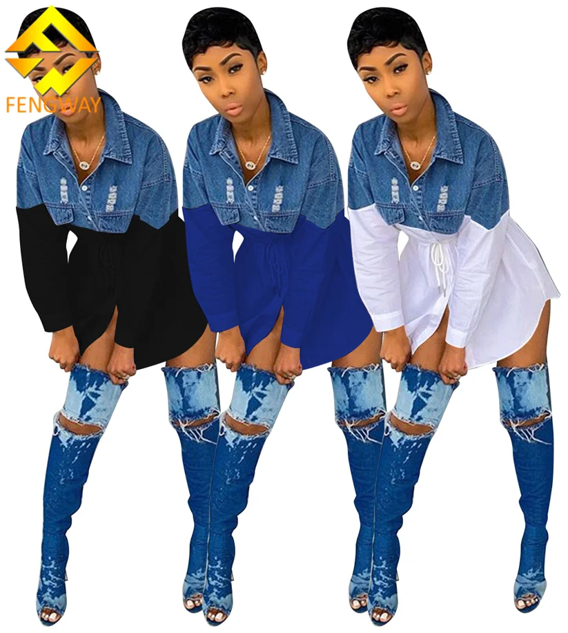 

Fengway New Product Ideas 2022 Patchwork Denim Dress Drawstring Mini Dress Long Sleeve Shirt Dress For Ladies