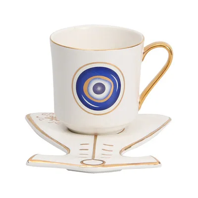 

Creative Blue Eyes Gold Painted Porcelain Coffee Cup Saucer Turkish Ottoman Red Tea Cup and Saucer Set, As the picture