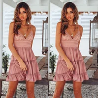 

Women's summer sleeveless pink deep v neck printed Slip crochet Stitching pure color dresses