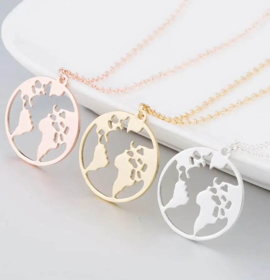 

Stainless Steel Globe Round Geometric Circle Pendant World Map Necklace Choker Jewelry For Women Gifts