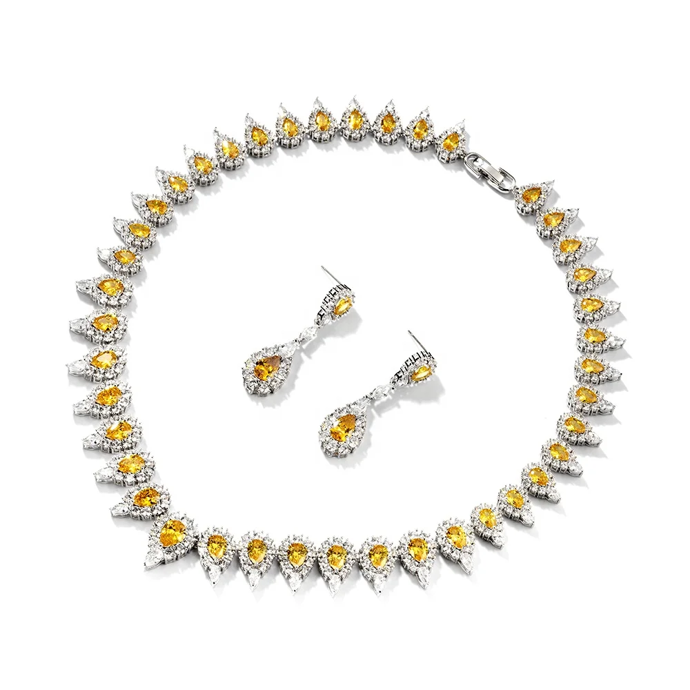 

Teardrop shaped yellow cubic zircon wedding necklace and earrings for brides bridesmaid luxury bridal jewelry set