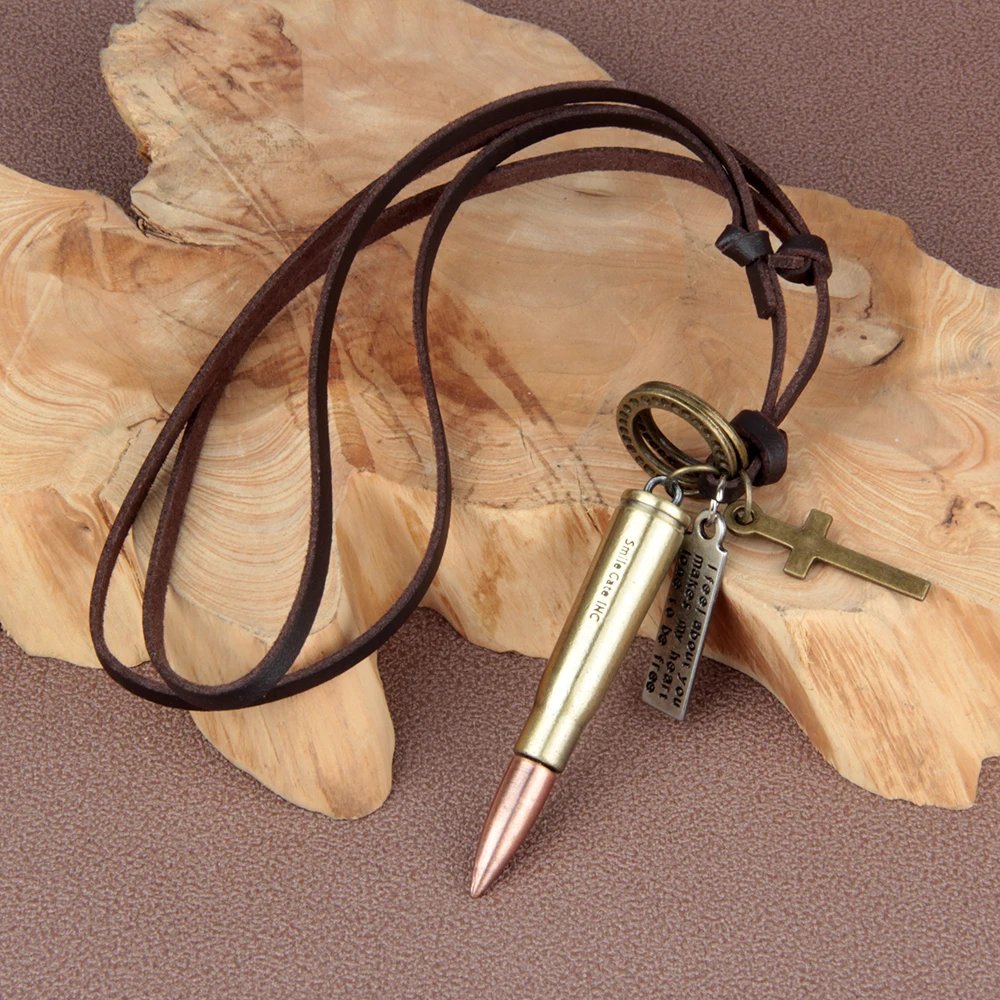 

Casual simple personality men's green bronze bullet leather cord necklace Trendy design long accessories, Color