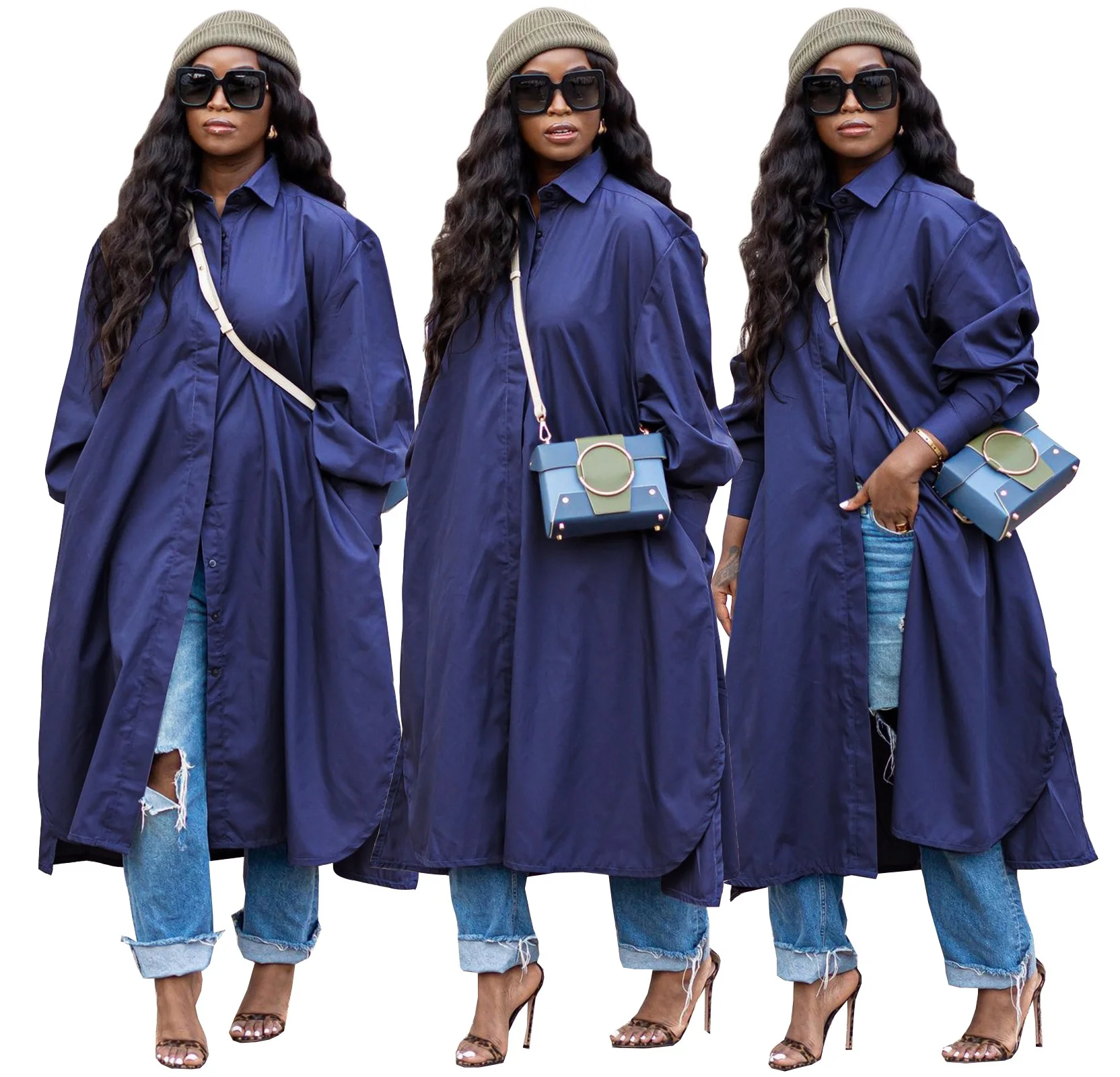 

Trending Fall 2021 Women Clothes Long Sleeved Pocket Loose Shirt Dress Casual Ladies Cardigan Streetwear, Picture color