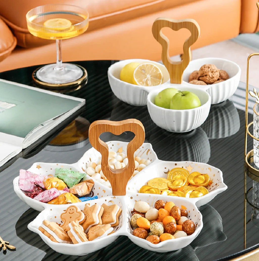 

Hot selling creative living room dried fruit and melon seeds snack five grid classification fruit plate ceramic nut plate