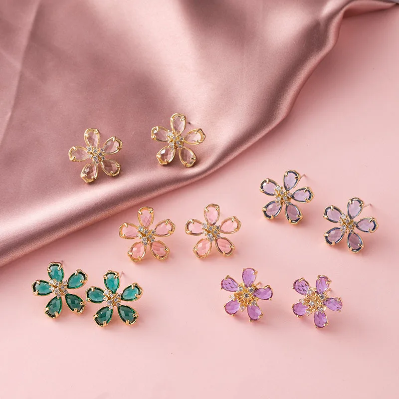 

Hot Sale Cute Delicacy Flowers Gold Plating Zircon Stud Earrings