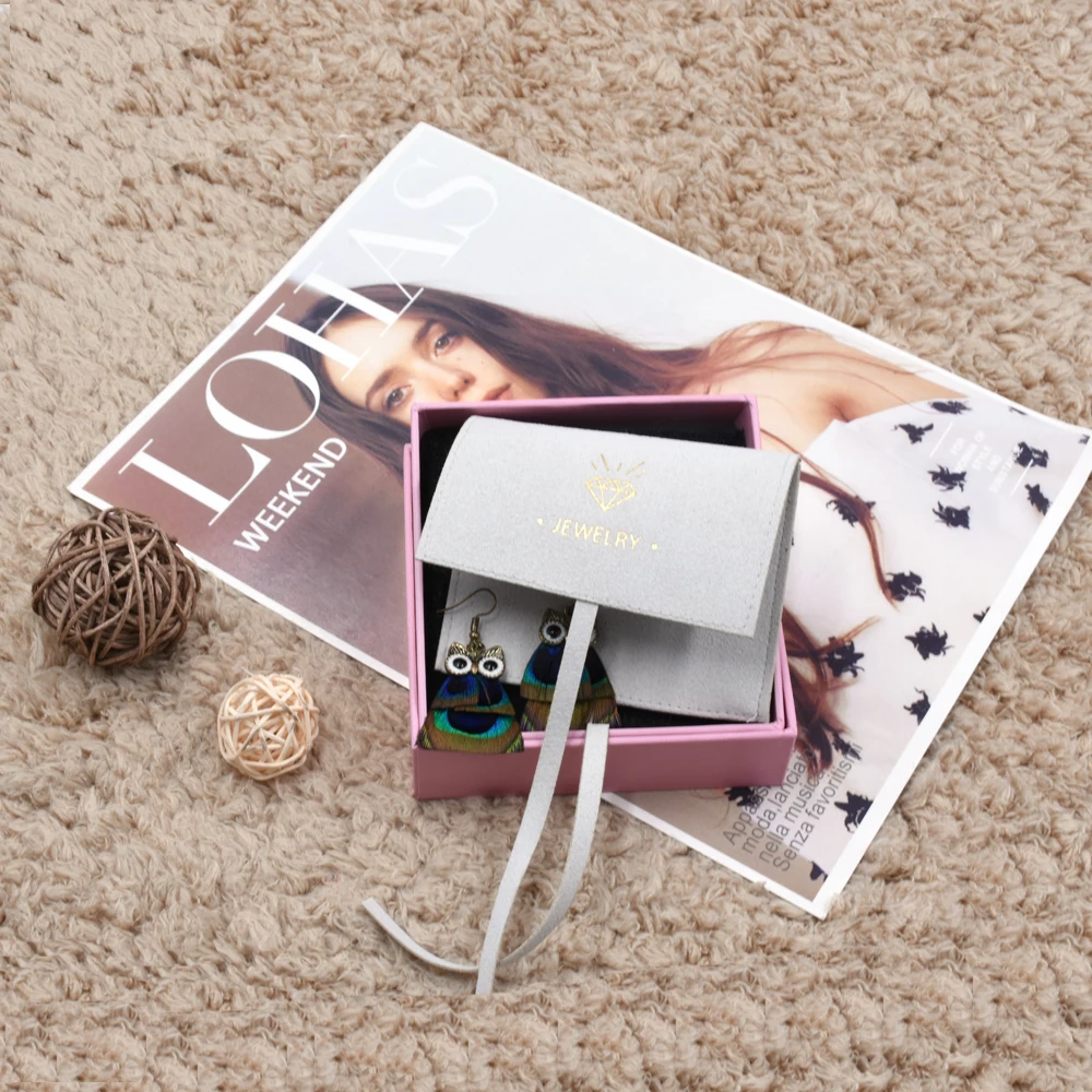 

High Quality Hand Made Durable Gift Suede Jewelry Pocket Pouch Flap Cover Earrings Packaging Bag Set with Box