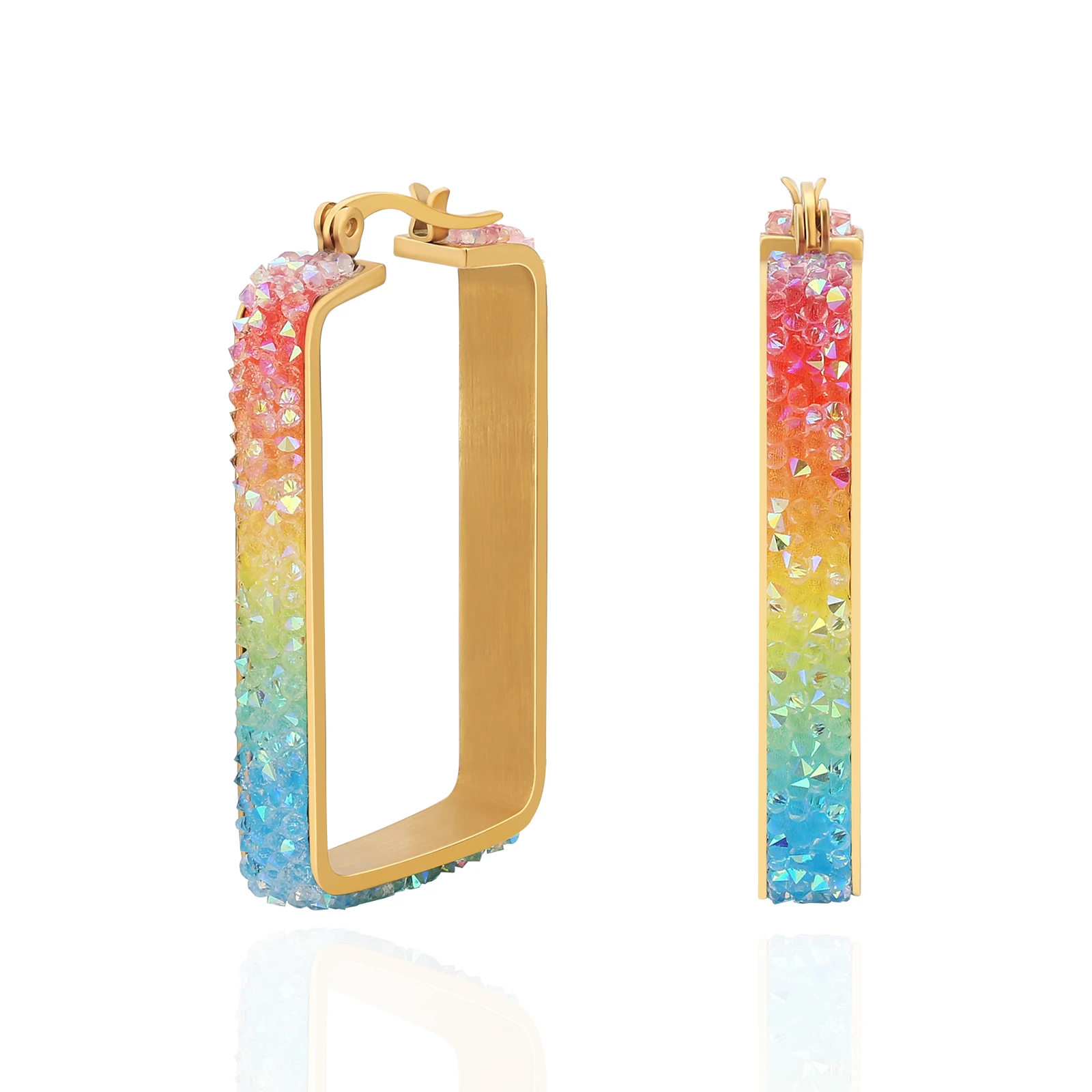

KRKC Square 316L Stainless Steel PVD 18K Real Gold Plated Rainbow Crystal Gold Hoop Earrings for Women