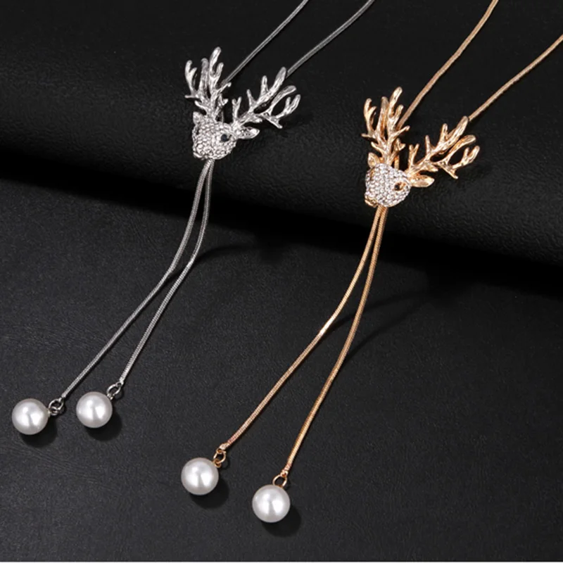 

Christmas diamond elk sweater chain ladies dress ornaments long pendant tassel necklace