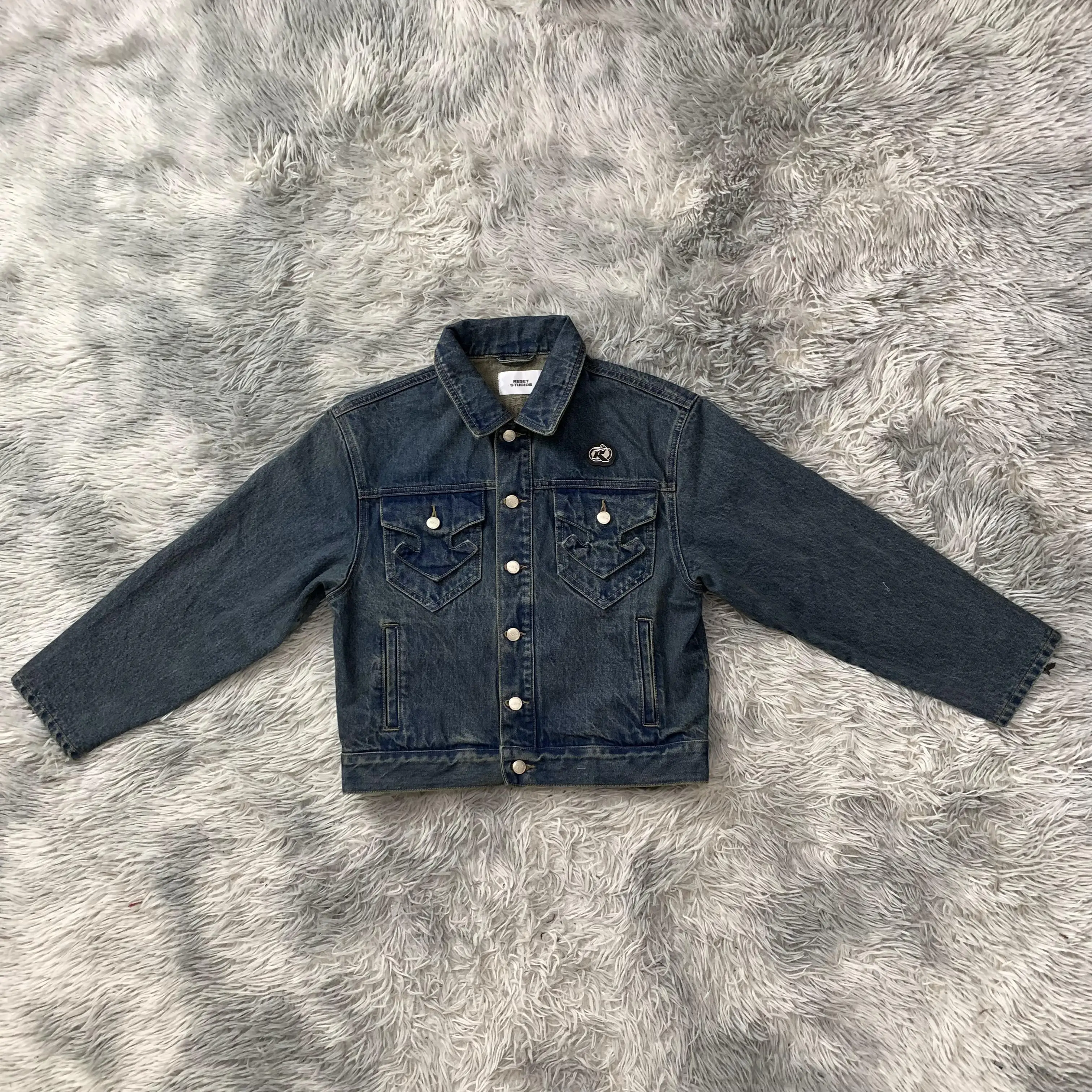 DENIMGUYS High Street Trendy Men's Retro Y2k Washed Denim Coat Custom Embroidery Applique Streetstyle Crop Short Denim Jacket